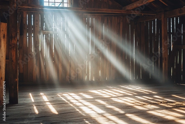 Obraz Warm sunlight streams through the wooden slats of an old rustic barn, casting dramatic light beams onto the dusty wooden floor.