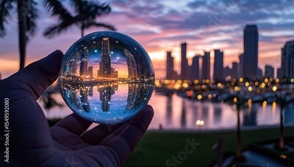 Obraz Crystal ball reflecting city skyline at sunset