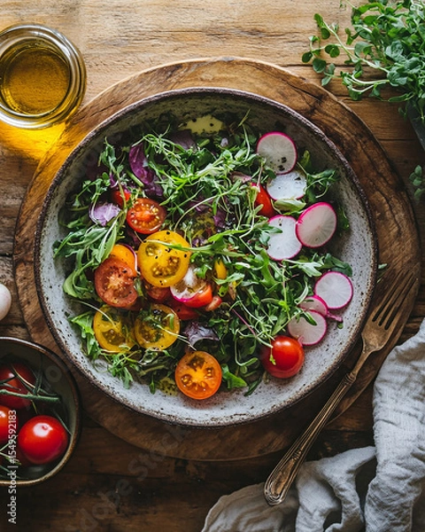 Obraz Fresh mixed greens salad with vibrant cherry tomatoes and sliced radishes served in a rustic ceramic bowl on a wooden table