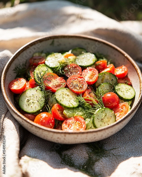 Obraz rustic salad featuring sliced cucumbers and halved cherry tomatoes, lightly seasoned with black pepper and garnished with fresh dill