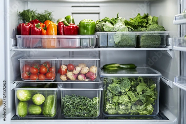 Obraz organized refrigerator filled with fresh vegetables stored in clear plastic containers.