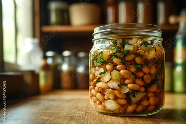 Obraz rustic glass jar filled with a hearty bean salad, featuring white beans, chopped onions, fresh herbs like parsley, and a savory vinaigrette.