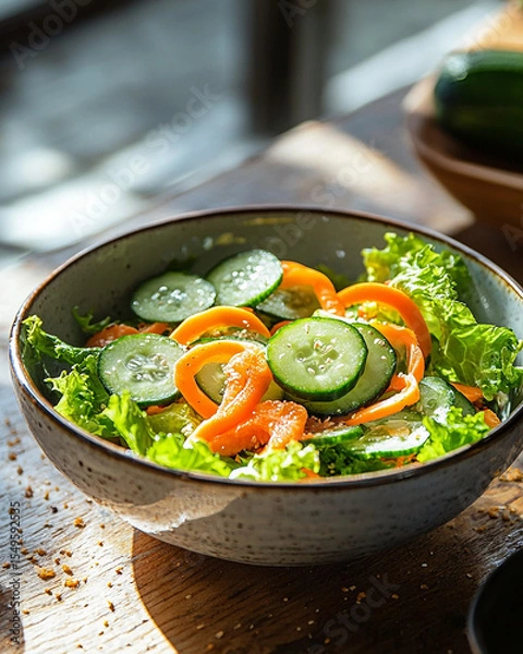 Obraz fresh homemade salad with cucumbers, yellow bell peppers, and lettuce, garnished with sesame seeds in natural sunlight.
