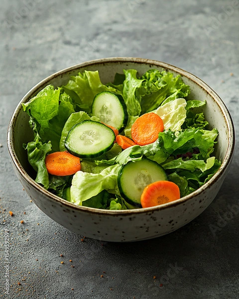 Obraz simple, fresh salad served in a rustic ceramic bowl, featuring crisp lettuce, sliced cucumbers, and rounds of carrot.