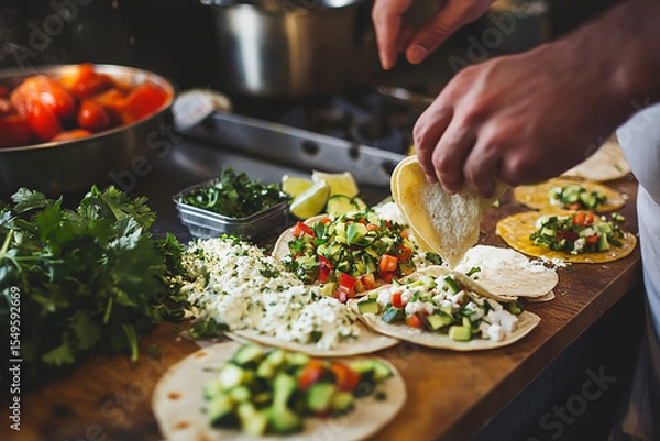 Obraz vibrant kitchen scene showing a person assembling vegetarian tacos on a wooden counter. The tacos are filled with fresh ingredients like diced cucumbers, tomatoes, cilantro, and crumbled cheese