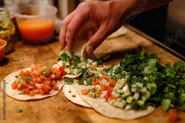 Obraz close-up of vegetarian tacos being assembled by hand, filled with avocado, tomato, onion, and fresh cilantro on soft tortillas in a warm, rustic kitchen setting.