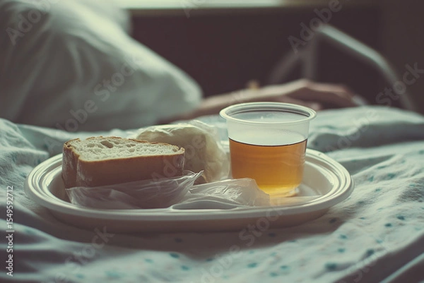 Obraz simple hospital meal on a plastic tray, featuring a cup of amber-colored gelatin, a bread roll, and a wrapped napkin, placed on a bed