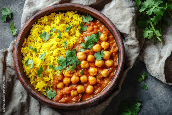 Obraz vegetarian curry with chickpeas in a rich tomato sauce, served alongside fluffy turmeric rice and garnished with fresh cilantro.