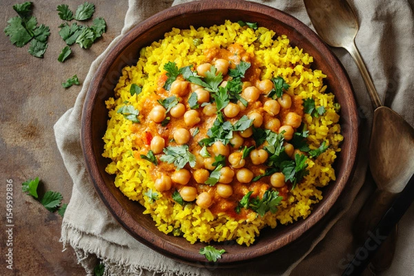 Obraz colorful bowl of turmeric rice topped with chickpea curry and garnished with fresh cilantro.