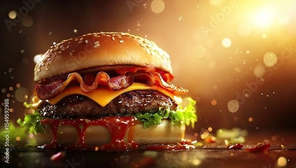 Obraz Delicious burger with bacon, cheese, and sauce