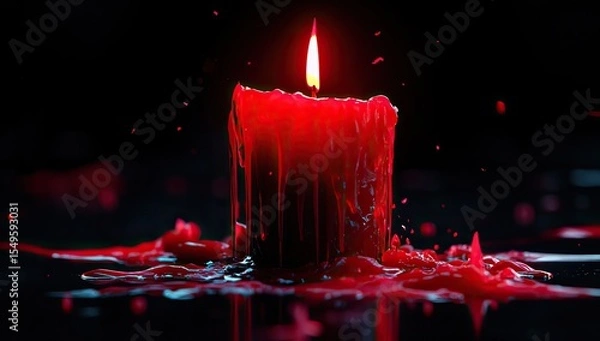 Obraz A burning red candle with melted wax dripping