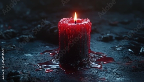Obraz A single, burning red candle, dripping crimson wax, sits on a dark, rocky surface