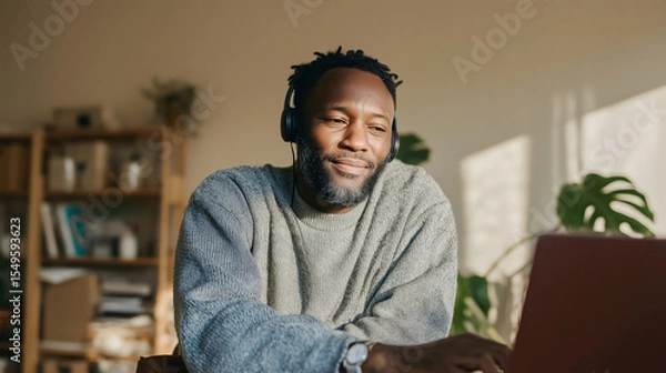 Obraz Friendly african man wearing headphones, working remotely with a smile in a sunlit home offic