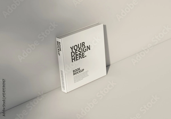 Fototapeta Square book mockup standing on table with shadows on the wall