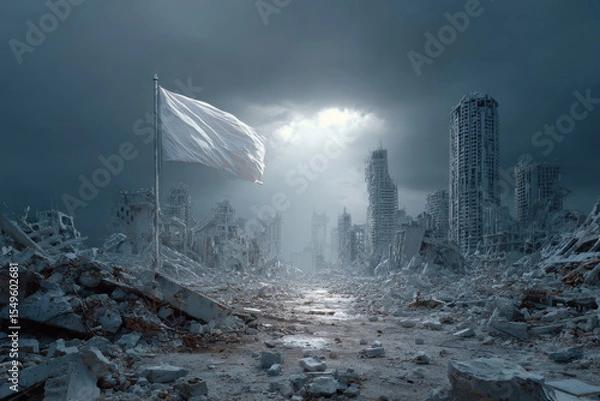 Obraz White flag raised among destroyed buildings and rubble, symbolizing surrender or ceasefire in war zone. Concept of military conflict and humanitarian crisis