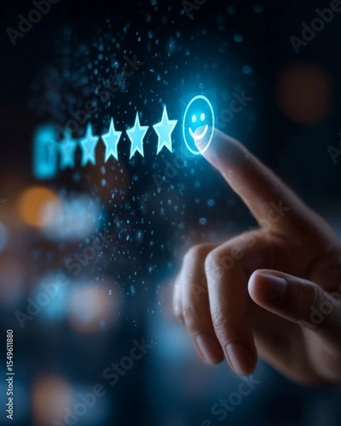Obraz Close-up of a hand pressing a star rating on a digital interface, representing positive feedback and customer satisfaction.