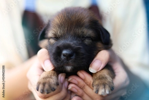 Fototapeta A puppy sleeps in the warm hands of its owner.