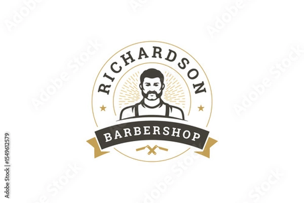 Obraz Retro-style emblem for barbershop business, showcasing male face with beard, mustache, set in circular frame with stars and vintage design elements. Vector illustration
