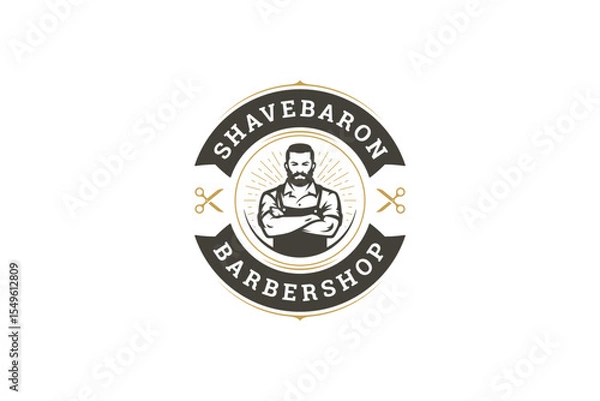 Obraz Classic retro logo design with a strong bearded male barber character, scissors, and vintage style. Perfect for branding barbershops, grooming, and hairdressing services. Vector illustration