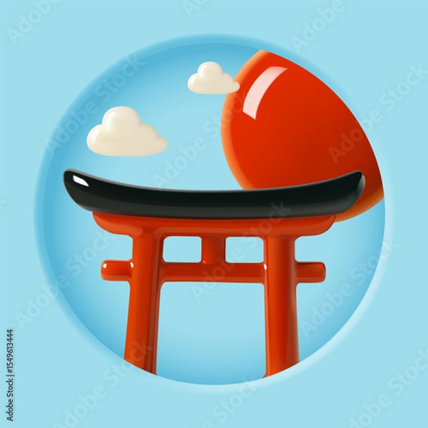 Fototapeta 3D Red Torii Gate with Rising Sun and Clouds in Minimal Pastel Blue Background