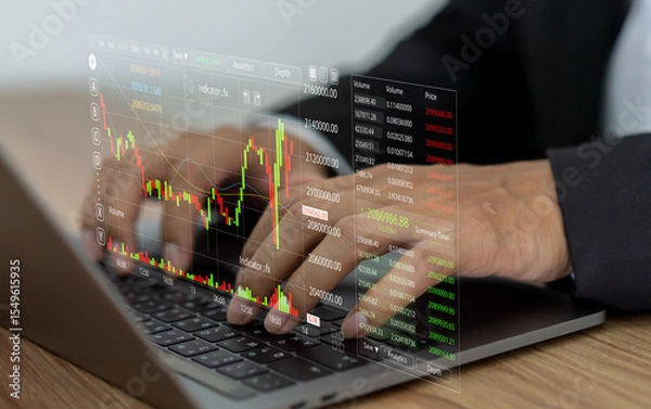 Fototapeta Business people with stock market chart financial trading, online investment, stock exchange analysis, market trends, real-time trading data, forex and crypto trading economic forecasting tool