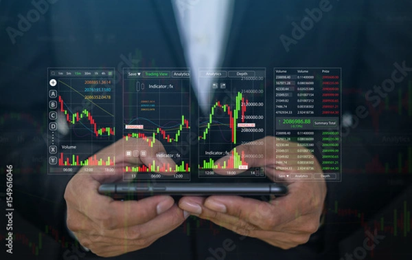 Fototapeta Business people with stock market chart financial trading, online investment, stock exchange analysis, market trends, real-time trading data, forex and crypto trading economic forecasting tool