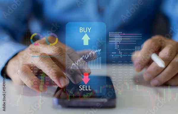 Fototapeta Business people with stock market chart financial trading, online investment, stock exchange analysis, market trends, real-time trading data, forex and crypto trading economic forecasting tool