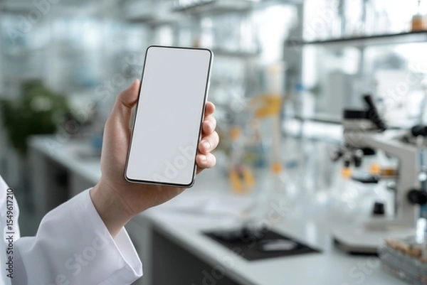 Obraz doctor's hand with white smartphone screen in laboratory, mock up, copy space