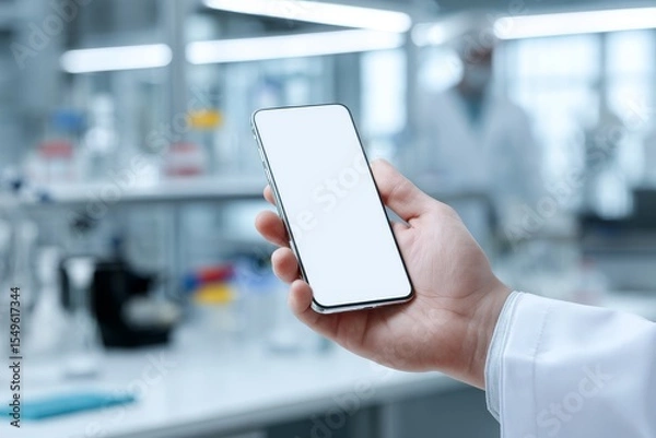Obraz hand holding smartphone with white screen against laboratory, mock up, copy space, analysis results