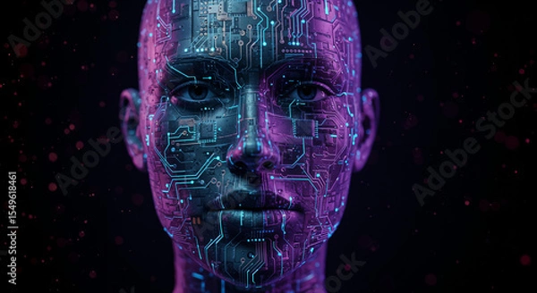Fototapeta A futuristic human face partially made of digital circuit board patterns, AI concept art, glowing lines, dark background, generative ai