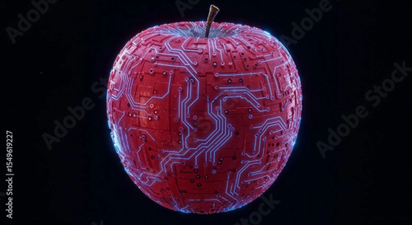 Fototapeta A futuristic red apple made of digital circuits and glowing lines, blending nature and technology, dark background, generative ai.