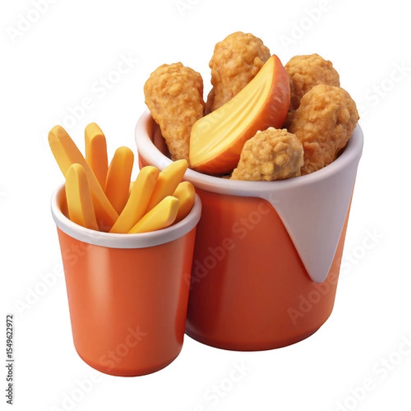 Fototapeta Crispy Fried Chicken Wings and French Fries in Orange Buckets Isolated on a transparent background image