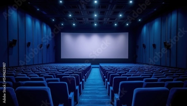 Obraz Vast cinema auditorium with rows of blue curved seats facing empty illuminated screen, high angle rear view capturing spacious interior architecture and hyperreal cinematic atmosphere.