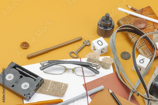 Obraz Flat lay composition with vintage journalism tools, press freedom, open-source investigation