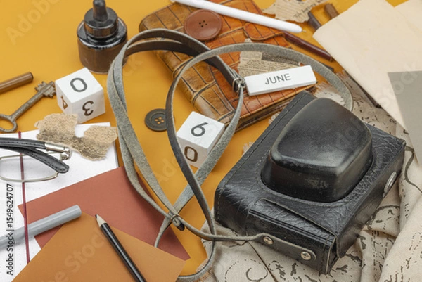 Obraz Flat lay composition with vintage journalism tools, press freedom, open-source investigation
