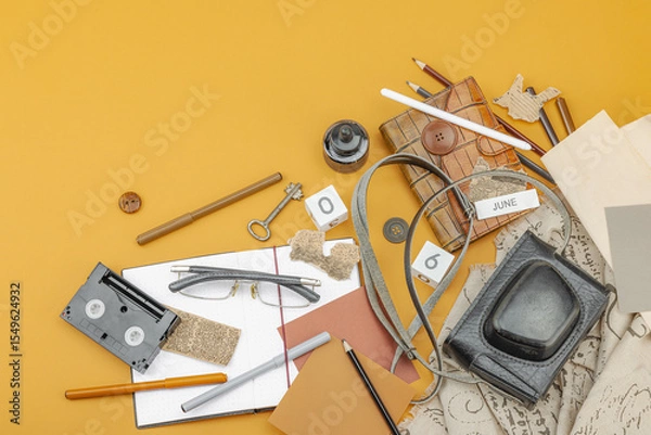 Obraz Flat lay composition with vintage journalism tools, press freedom, open-source investigation