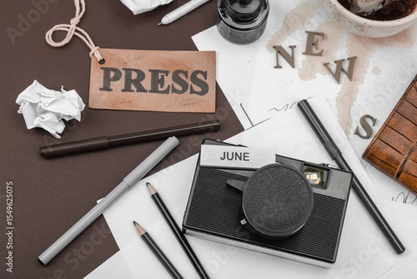 Obraz Creative flat lay with vintage camera, press tag, ink bottle, spilled coffee, and messy papers