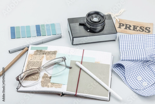 Obraz Flat lay of retro journalist essentials on blue background: camera, press badge, notebook