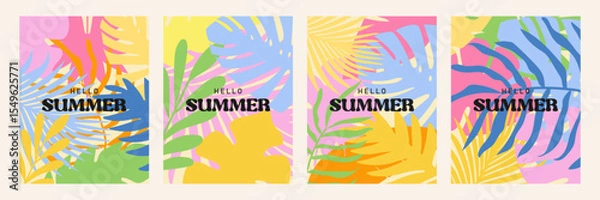 Fototapeta Set of summer colorful abstract posters with tropical leaves. Botanical jungle leaves and floral frame. Design template for discount, ad, branding, banner, cover, label, poster, sale.