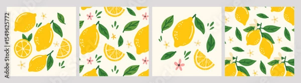 Fototapeta Set of colorful posters with hand drawn lemons, leaves and flowers. Dolce vita aesthetics. Ideal for designing postcards, banners, posters, menus, social media	