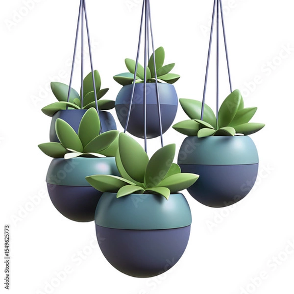 Fototapeta Five Hanging Plants Teal Purple Spherical Pots Silhouette 3 D Render Isolated on a transparent background