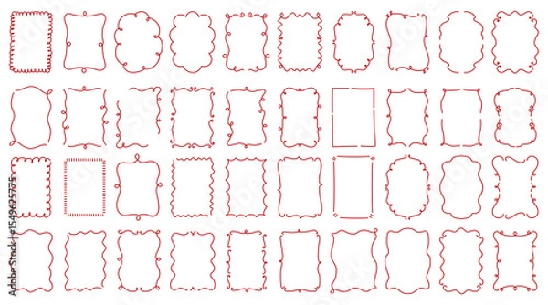 Fototapeta Set of elegant hand-drawn decorative frames with a delicate red outline. Frame features a unique wavy, curly, or looped border and different shapes. Design perfect for invitations, greeting card, menu