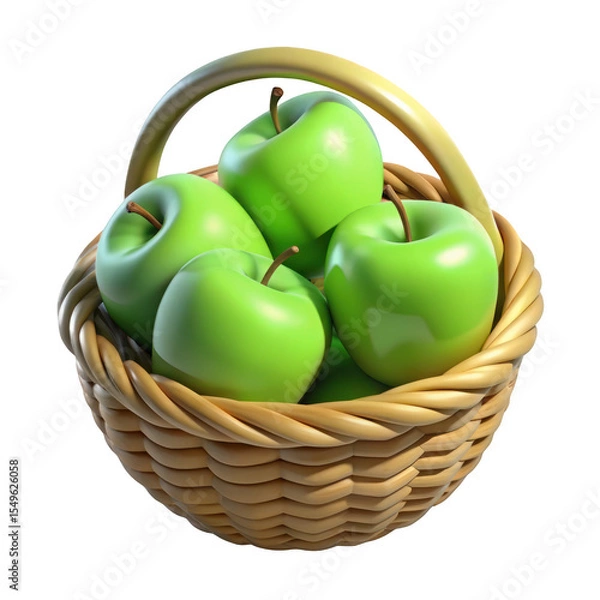 Fototapeta Four Bright Green Apples in a Light Brown Wicker Basket isolated on a transparent background image