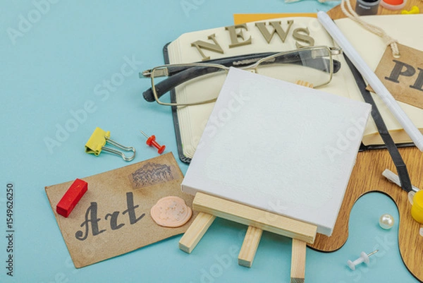 Obraz Flat lay of press badge, vintage camera, art supplies, notebook, and exhibition label