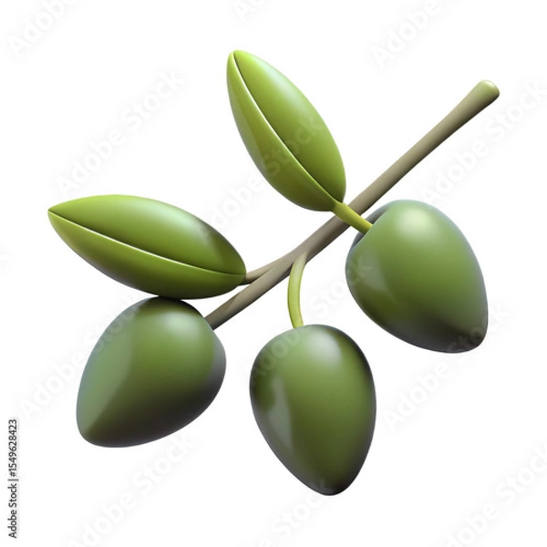 Fototapeta Green Olive Branch with Three Ripe Olives and Leaves Silhouette isolated on a transparent background