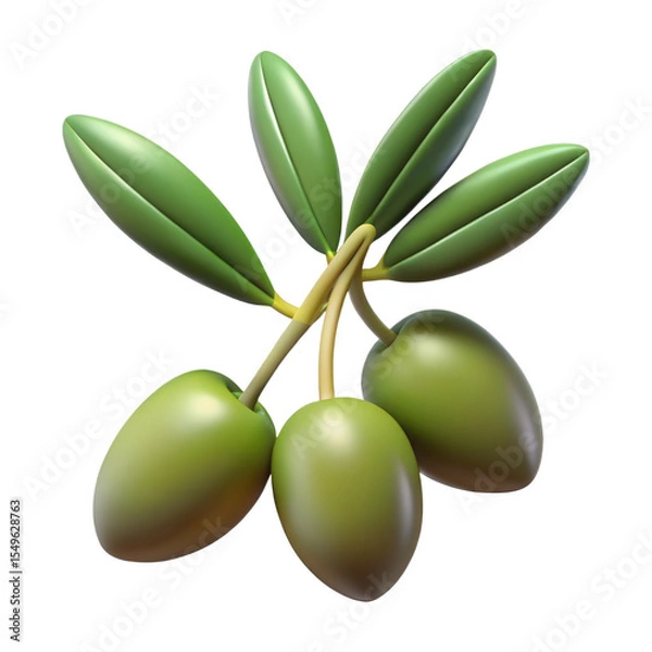 Fototapeta Green Olives Branch with Leaves Realistic 3 D Render Isolated on White Background isolated on a transparent background