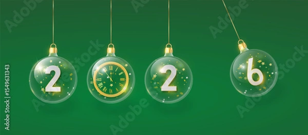 Obraz 2026 gold metal number for New Year . Festive Christmas banner with falling confetti on bright background. Realistic Golden 3d number. Vector