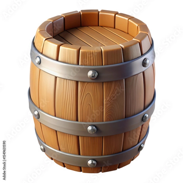 Fototapeta Light Brown Wooden Barrel with Three Metal Bands and Silver Studs Isolated on a transparent background