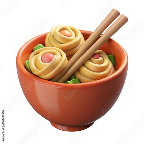 Fototapeta Orange Bowl of Yellow Noodles with Chopsticks and Green Garnish isolated on a transparent background