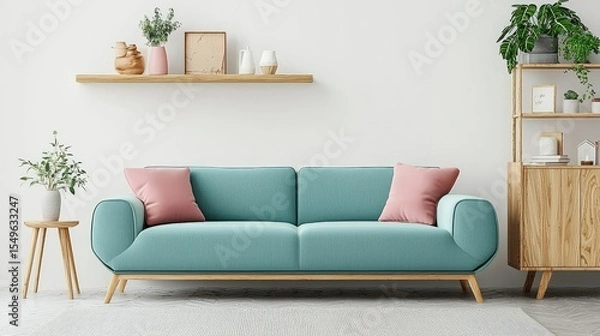 Fototapeta Light teal sofa with light wood accents in a modern living room.
